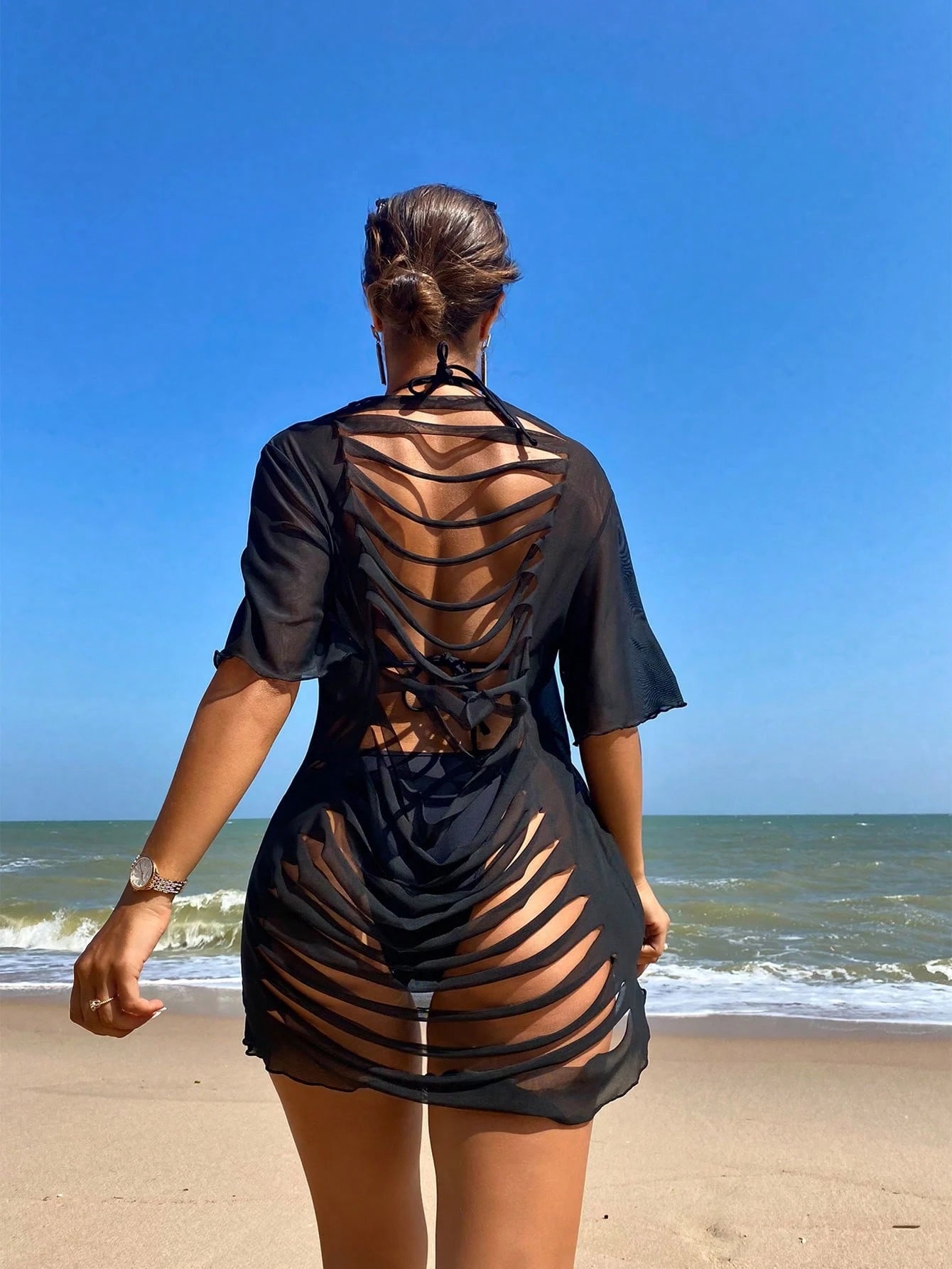Swim Vcay New Summer Beachwear: A Sexy Mesh Cover-Up Featuring A Cut-Out Back Design-Effortlessly Chic And Perfect For Vacation Outfits Women.