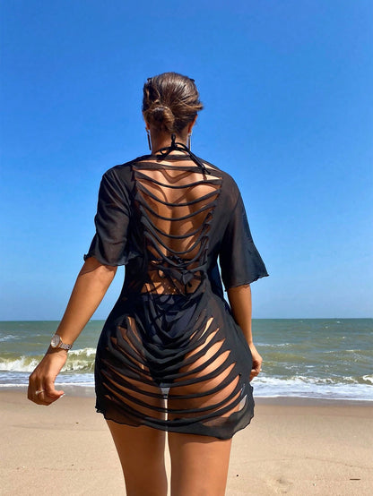Swim Vcay New Summer Beachwear: A Sexy Mesh Cover-Up Featuring A Cut-Out Back Design-Effortlessly Chic And Perfect For Vacation Outfits Women.