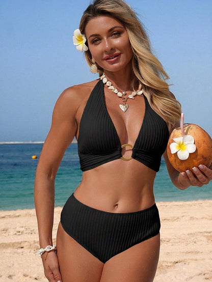 Swim Vcay New Women's 2-Piece Bikini Set, Bamboo Texture Fabric, Halter Neck Backless Top With Ring Decor, High Waist Triangle Bottom, Beach Swimwear
