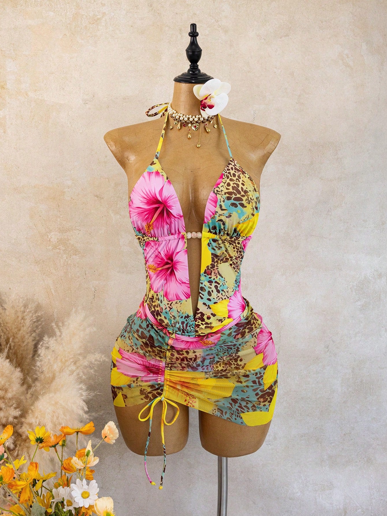 Swim Vcay Printed Random Deep V Ruched Sexy Beach Vacation One-Piece Bikini Swimsuit With Bodycon Skirt