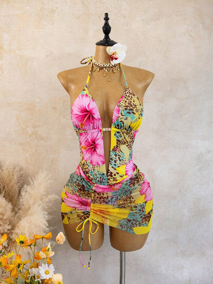 Swim Vcay Printed Random Deep V Ruched Sexy Beach Vacation One-Piece Bikini Swimsuit With Bodycon Skirt