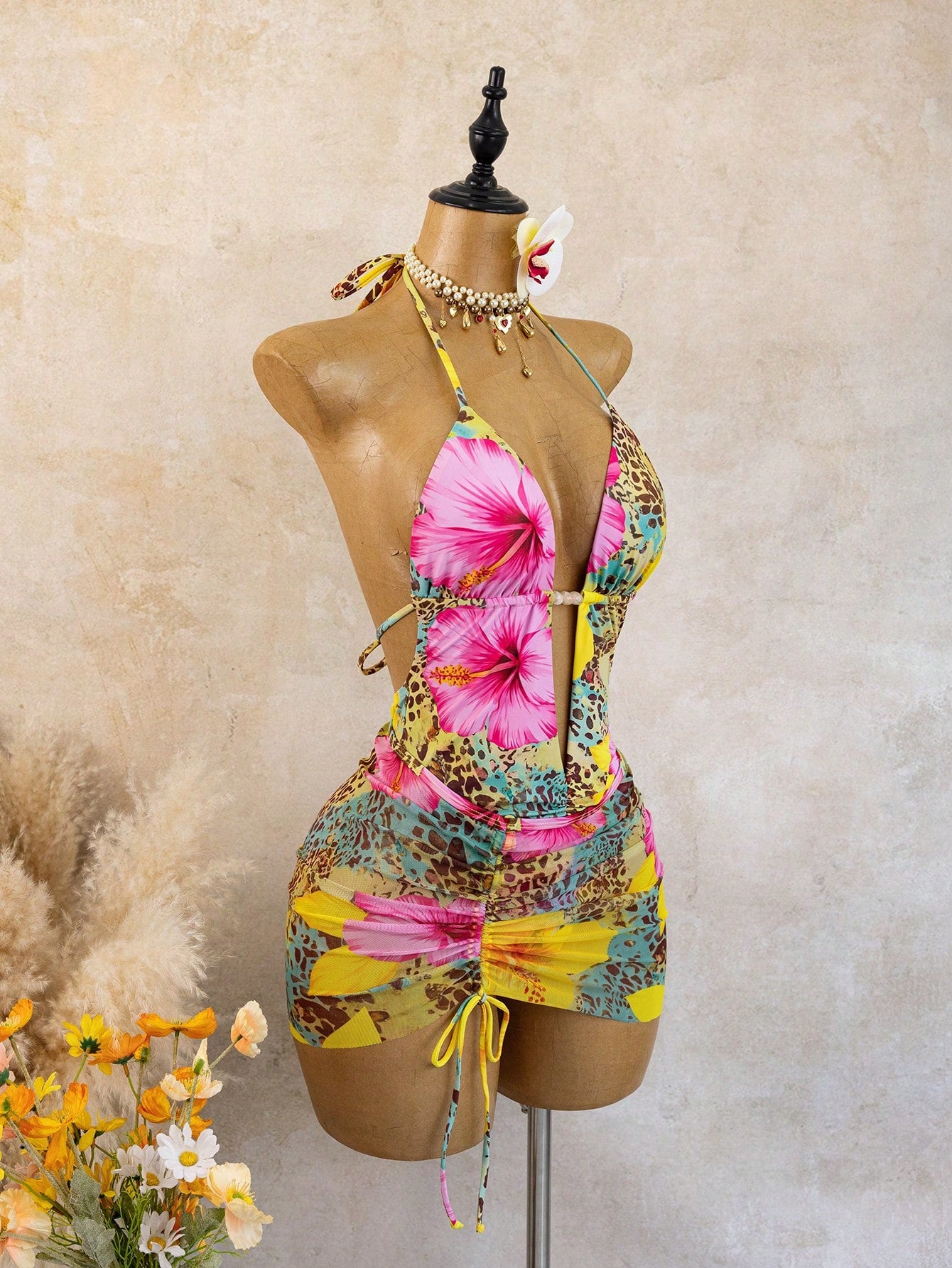 Swim Vcay Printed Random Deep V Ruched Sexy Beach Vacation One-Piece Bikini Swimsuit With Bodycon Skirt