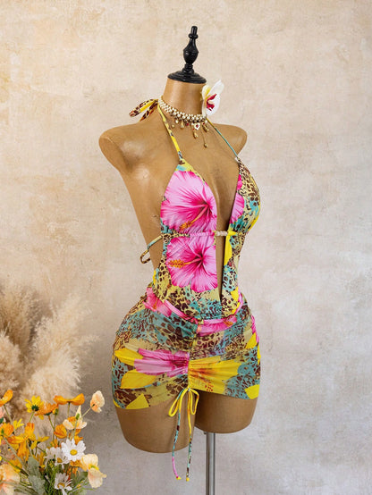 Swim Vcay Printed Random Deep V Ruched Sexy Beach Vacation One-Piece Bikini Swimsuit With Bodycon Skirt
