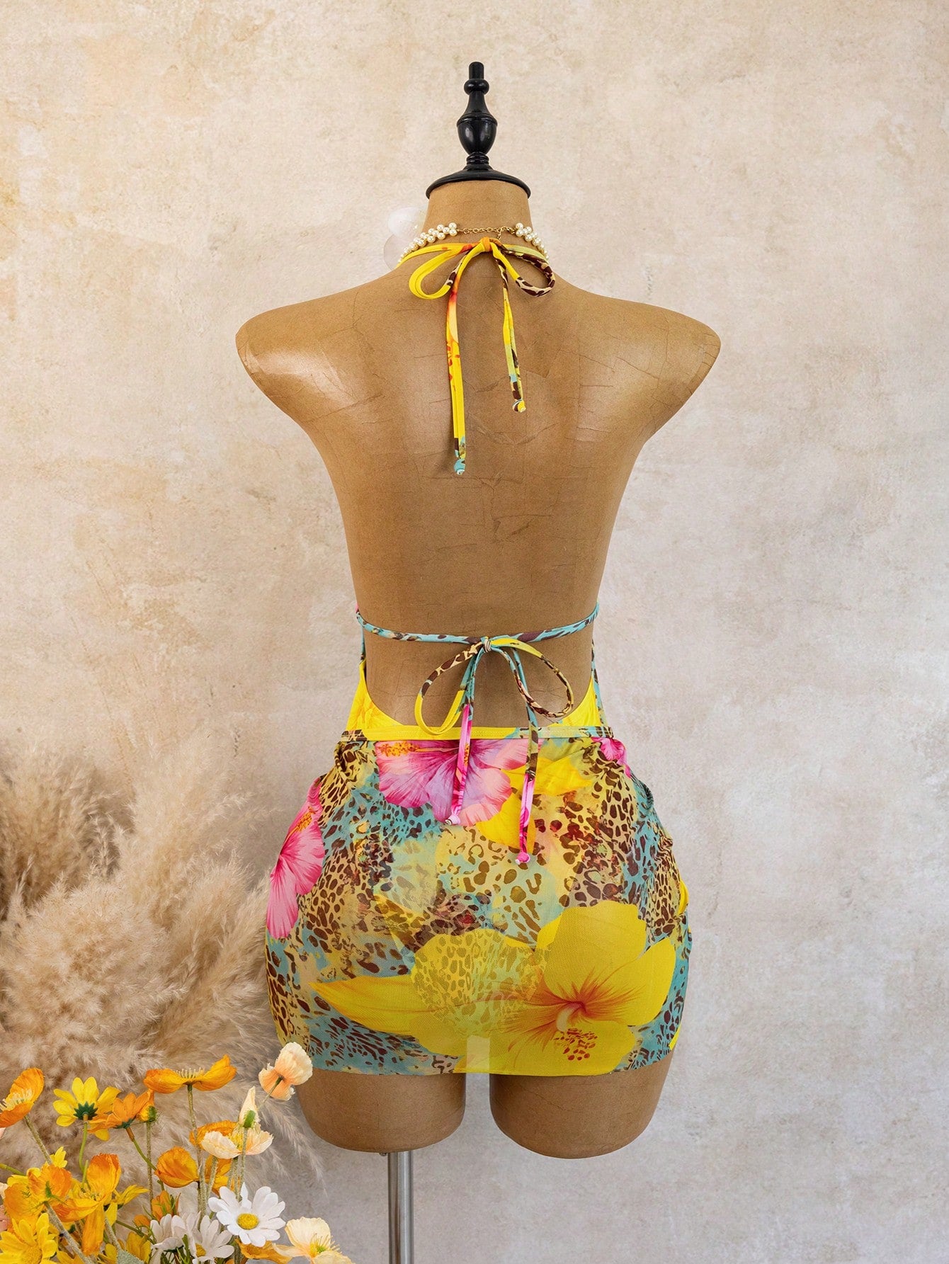 Swim Vcay Printed Random Deep V Ruched Sexy Beach Vacation One-Piece Bikini Swimsuit With Bodycon Skirt