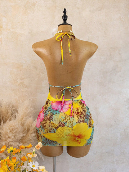 Swim Vcay Printed Random Deep V Ruched Sexy Beach Vacation One-Piece Bikini Swimsuit With Bodycon Skirt