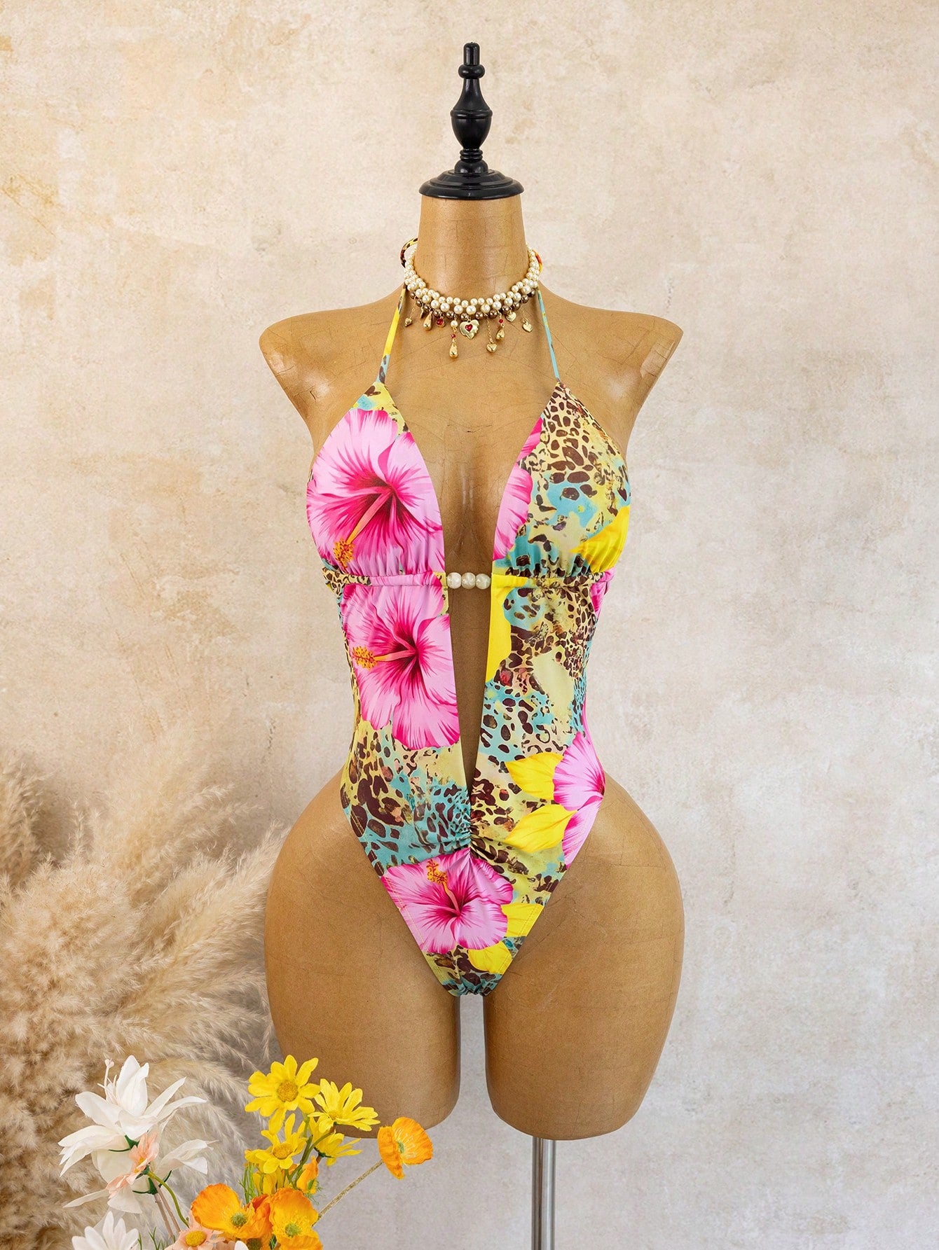 Swim Vcay Printed Random Deep V Ruched Sexy Beach Vacation One-Piece Bikini Swimsuit With Bodycon Skirt