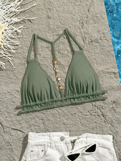 Swim Vcay Solid Color Halter Backless Decorative Sexy Fashion Bikini Top