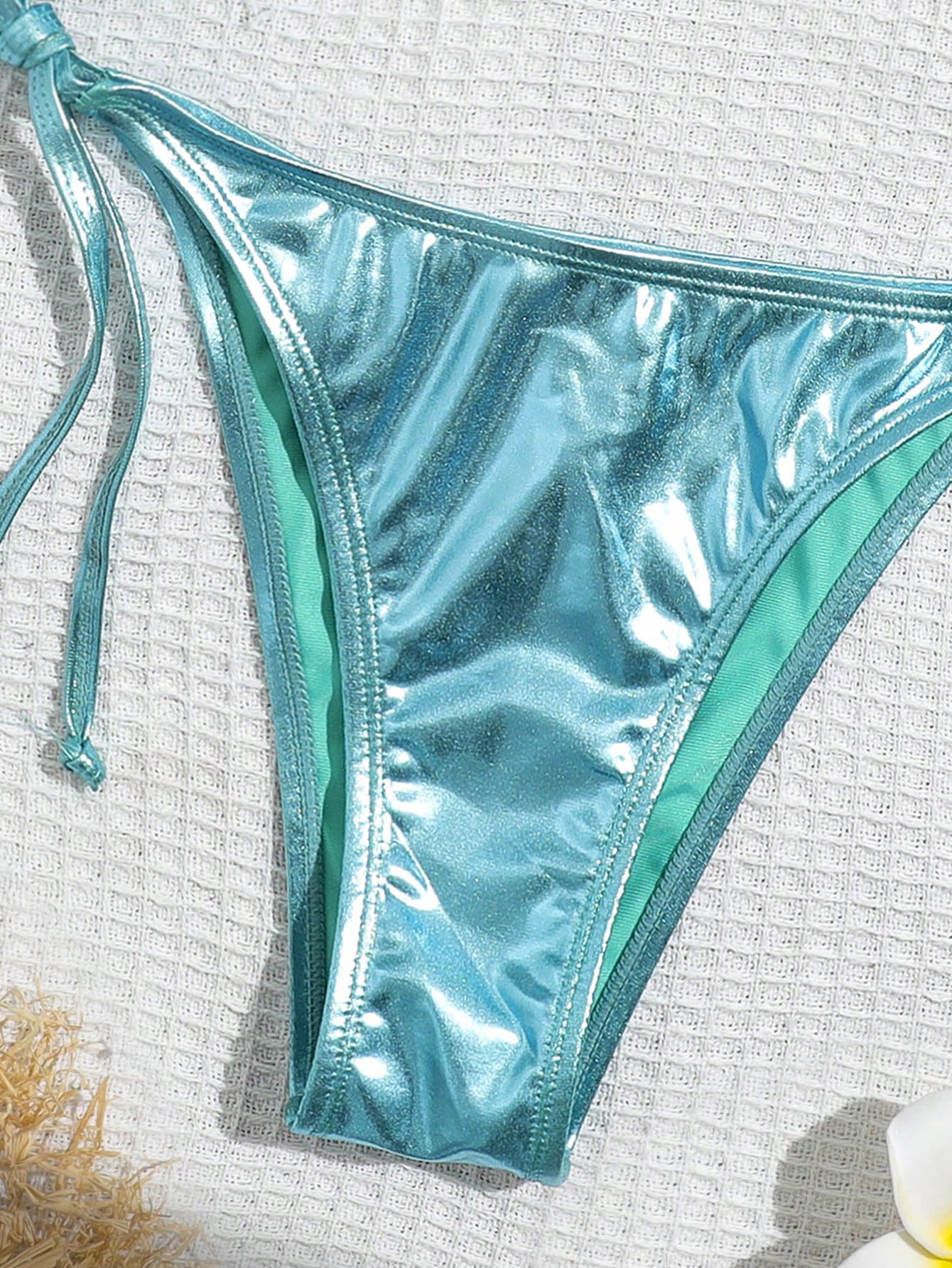 Swim Vcay Solid Color Neck Tie Split Bikini Swimsuit, Summer