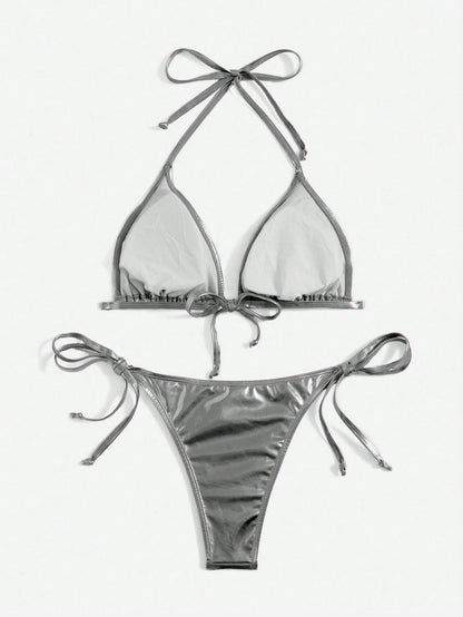 Swim Vcay Solid Color Neck Tie Split Bikini Swimsuit, Summer