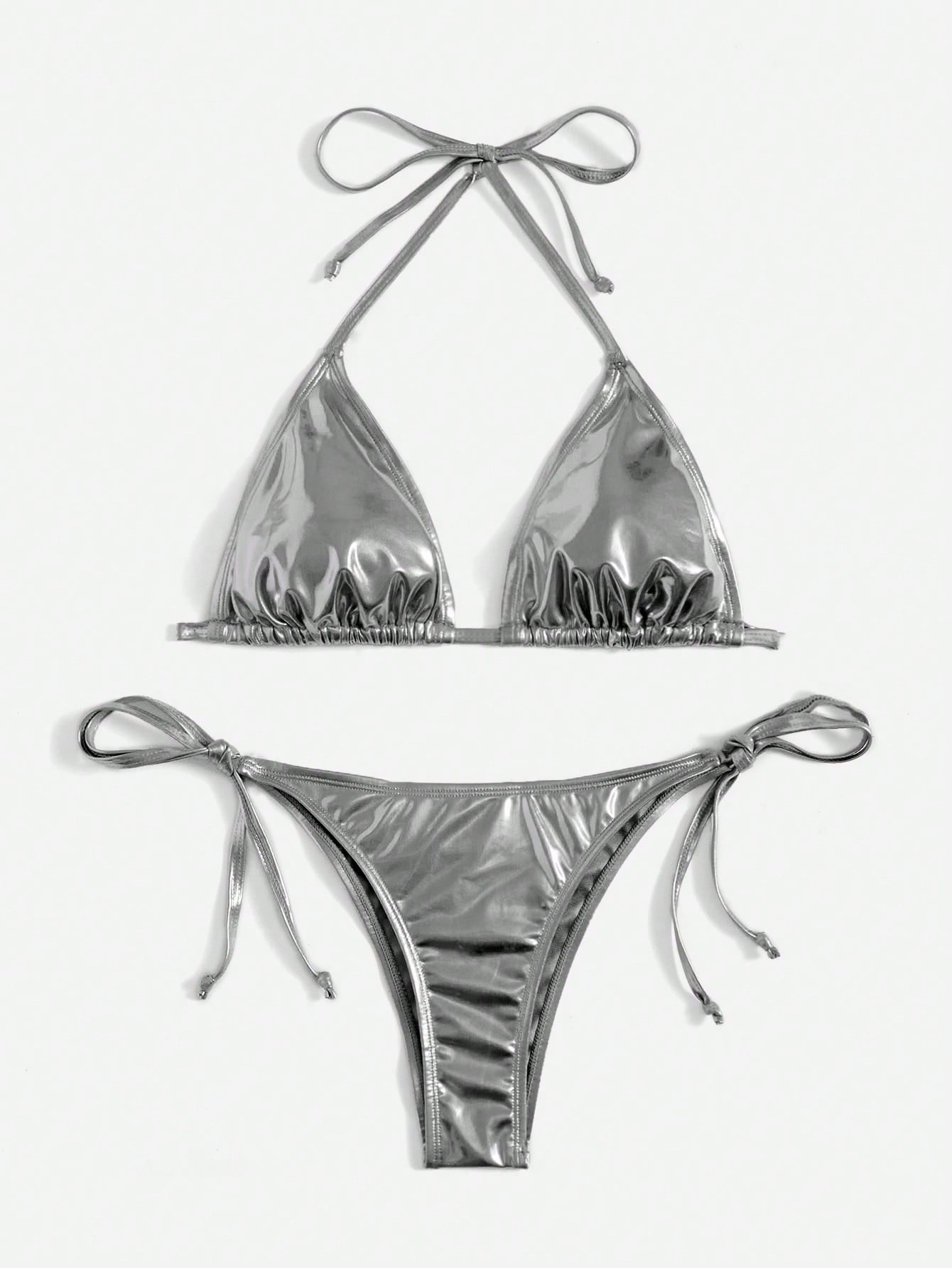 Swim Vcay Solid Color Neck Tie Split Bikini Swimsuit, Summer