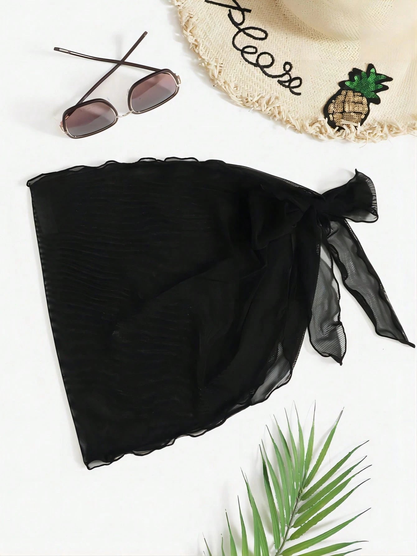 Swim Vcay Solid Sheer Mesh Beach Cover-Up Skirt Set For Summer Beach Vacation