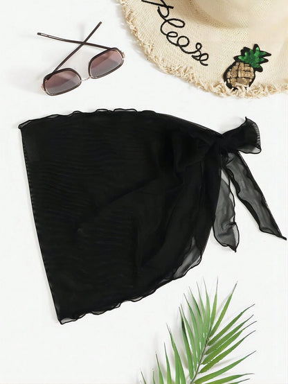 Swim Vcay Solid Sheer Mesh Beach Cover-Up Skirt Set For Summer Beach Vacation