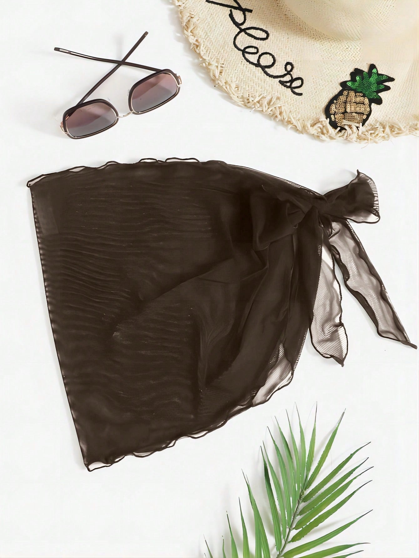 Swim Vcay Solid Sheer Mesh Beach Cover-Up Skirt Set For Summer Beach Vacation