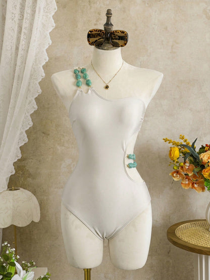Swim Vcay Spring/Summer Solid Color One-Shoulder Wire-Free High-Cut Women's Beach Vacation Casual Elegant One-Piece Swimsuit
