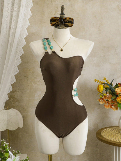 Swim Vcay Spring/Summer Solid Color One-Shoulder Wire-Free High-Cut Women's Beach Vacation Casual Elegant One-Piece Swimsuit