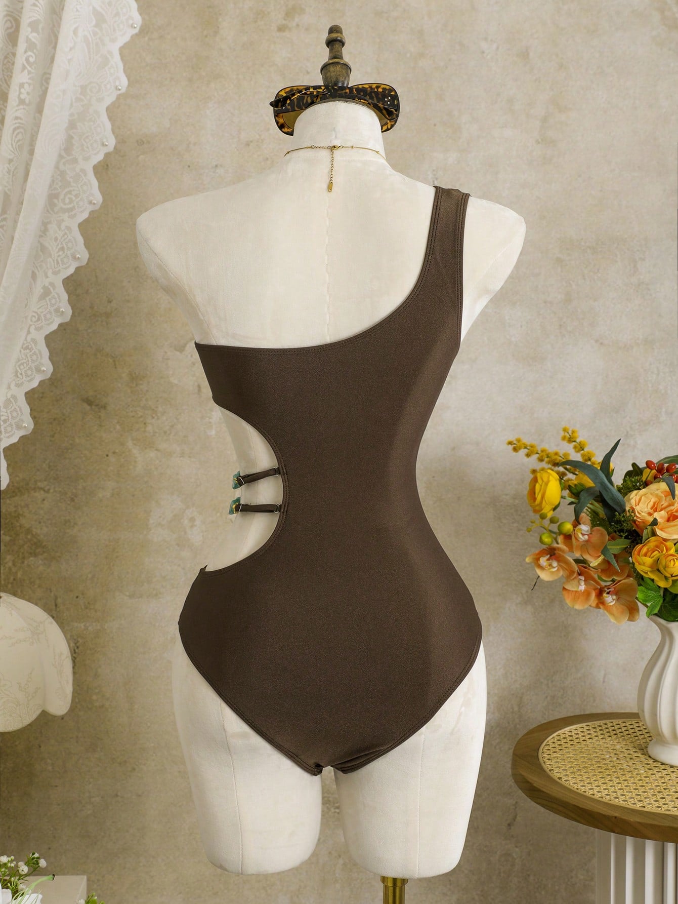 Swim Vcay Spring/Summer Solid Color One-Shoulder Wire-Free High-Cut Women's Beach Vacation Casual Elegant One-Piece Swimsuit
