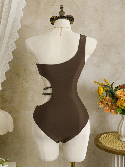 Swim Vcay Spring/Summer Solid Color One-Shoulder Wire-Free High-Cut Women's Beach Vacation Casual Elegant One-Piece Swimsuit