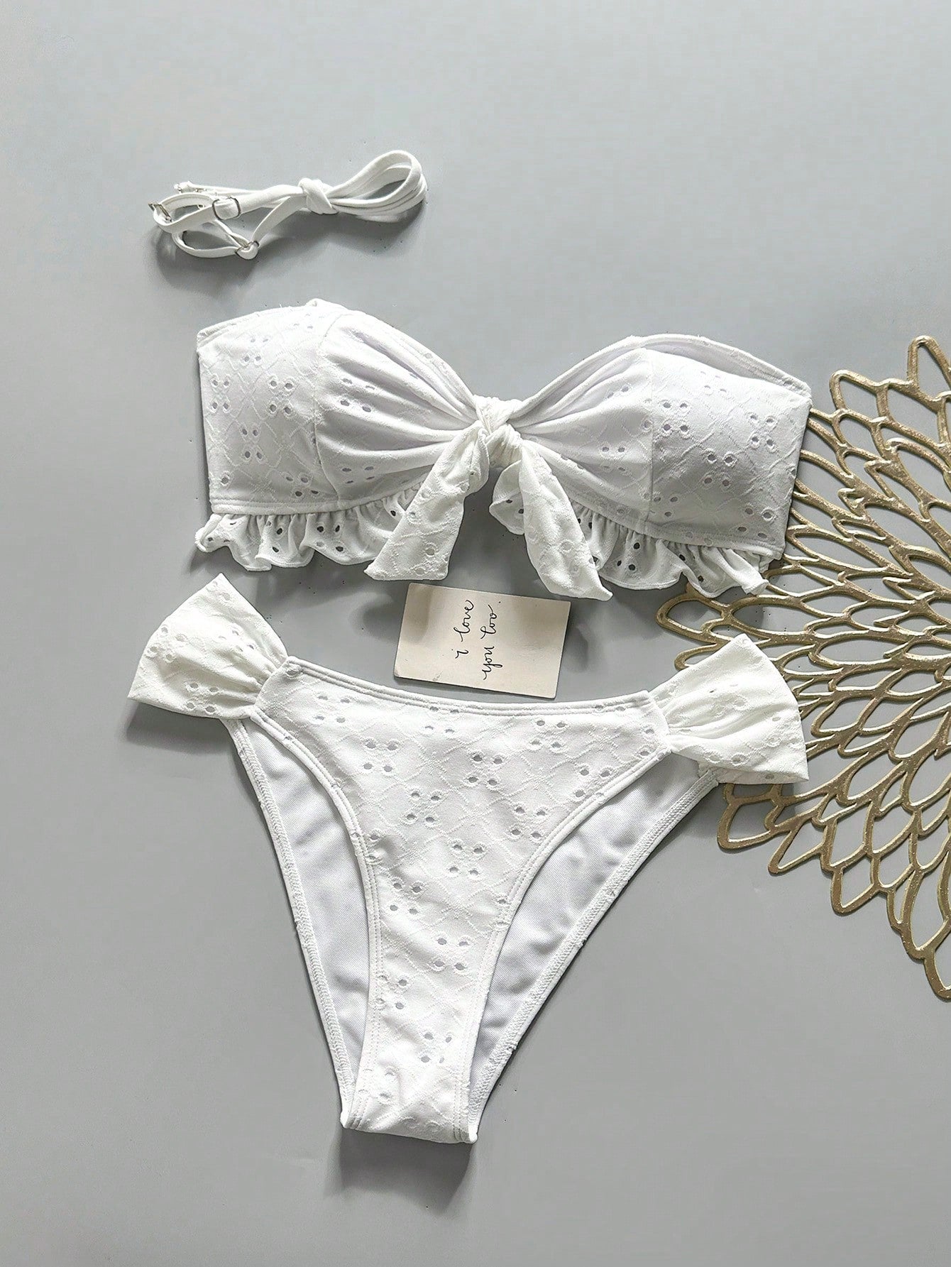 Swim Vcay Spring/Summer Solid Color Strap Jacquard Fabric Wireless Bow Decor Cute Beach Vacation Swimwear Set