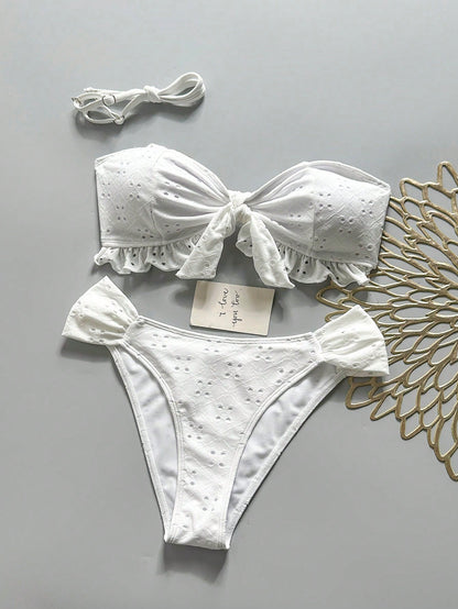 Swim Vcay Spring/Summer Solid Color Strap Jacquard Fabric Wireless Bow Decor Cute Beach Vacation Swimwear Set