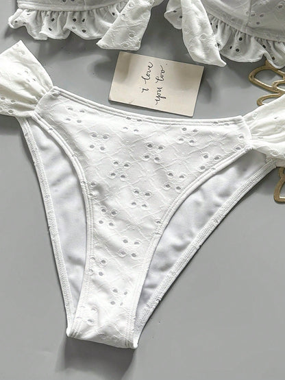 Swim Vcay Spring/Summer Solid Color Strap Jacquard Fabric Wireless Bow Decor Cute Beach Vacation Swimwear Set
