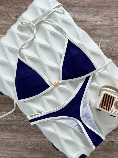 Swim Vcay Spring/Summer Solid Color Triangle Wireless Halter Backless Top And Swim Shorts Women Sexy Bikini Set For Beach Vacation