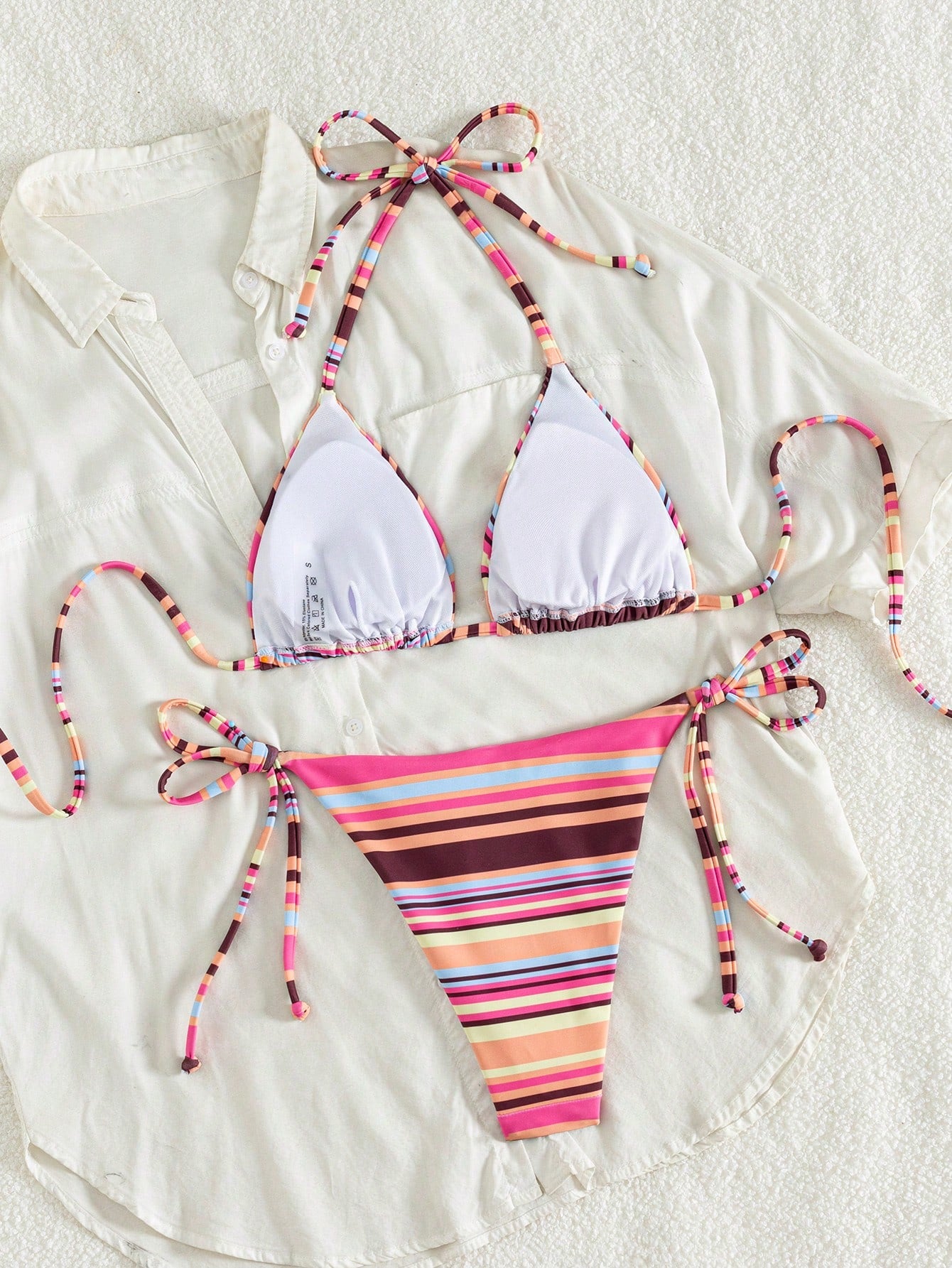 Swim Vcay Spring/Summer Women's 2-Piece Sexy Bikini Swimsuit Set, Halter Neck Tie, Colorful Striped Random Cut Pattern, Women's Beachwear Swimsuit Set