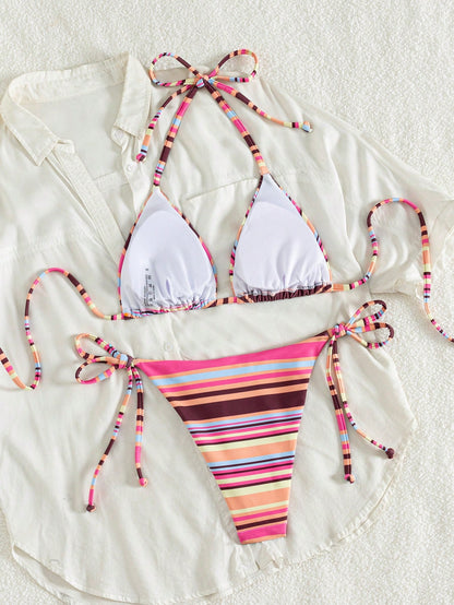 Swim Vcay Spring/Summer Women's 2-Piece Sexy Bikini Swimsuit Set, Halter Neck Tie, Colorful Striped Random Cut Pattern, Women's Beachwear Swimsuit Set
