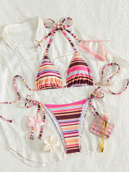 Swim Vcay Spring/Summer Women's 2-Piece Sexy Bikini Swimsuit Set, Halter Neck Tie, Colorful Striped Random Cut Pattern, Women's Beachwear Swimsuit Set