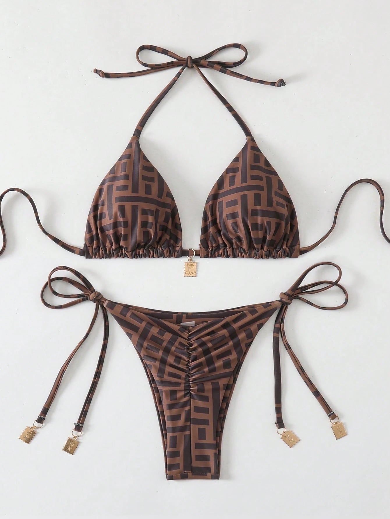 Swim Vcay Springbreak 2pcs Women Summer Random Print Spaghetti Strap Metal Decor Vintage-Style Bikini Swimwear Set