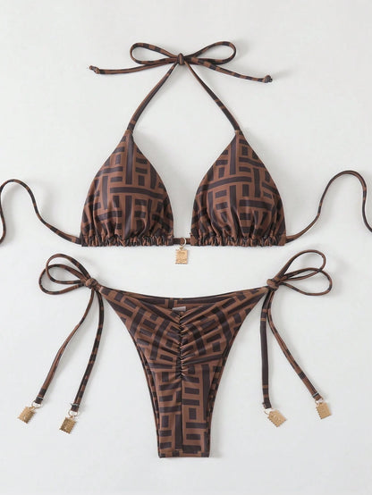 Swim Vcay Springbreak 2pcs Women Summer Random Print Spaghetti Strap Metal Decor Vintage-Style Bikini Swimwear Set