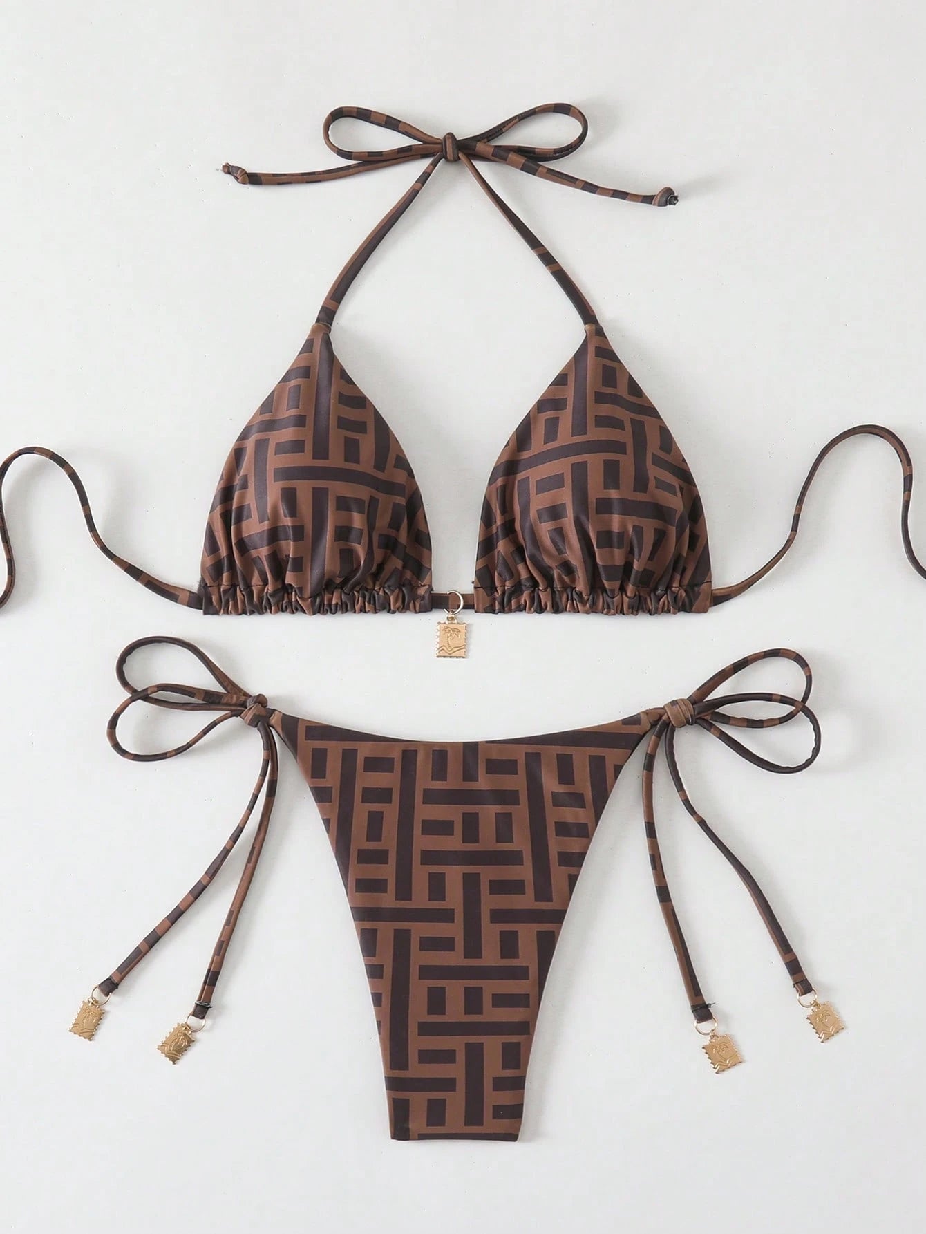 Swim Vcay Springbreak 2pcs Women Summer Random Print Spaghetti Strap Metal Decor Vintage-Style Bikini Swimwear Set