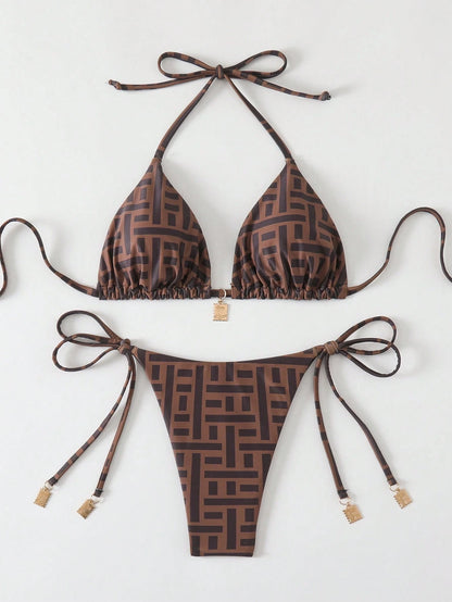 Swim Vcay Springbreak 2pcs Women Summer Random Print Spaghetti Strap Metal Decor Vintage-Style Bikini Swimwear Set