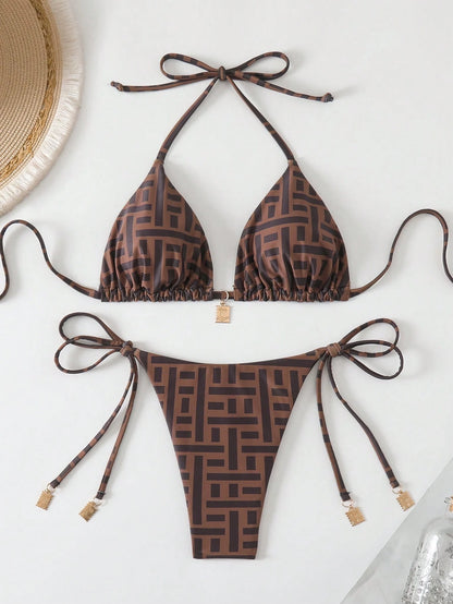 Swim Vcay Springbreak 2pcs Women Summer Random Print Spaghetti Strap Metal Decor Vintage-Style Bikini Swimwear Set