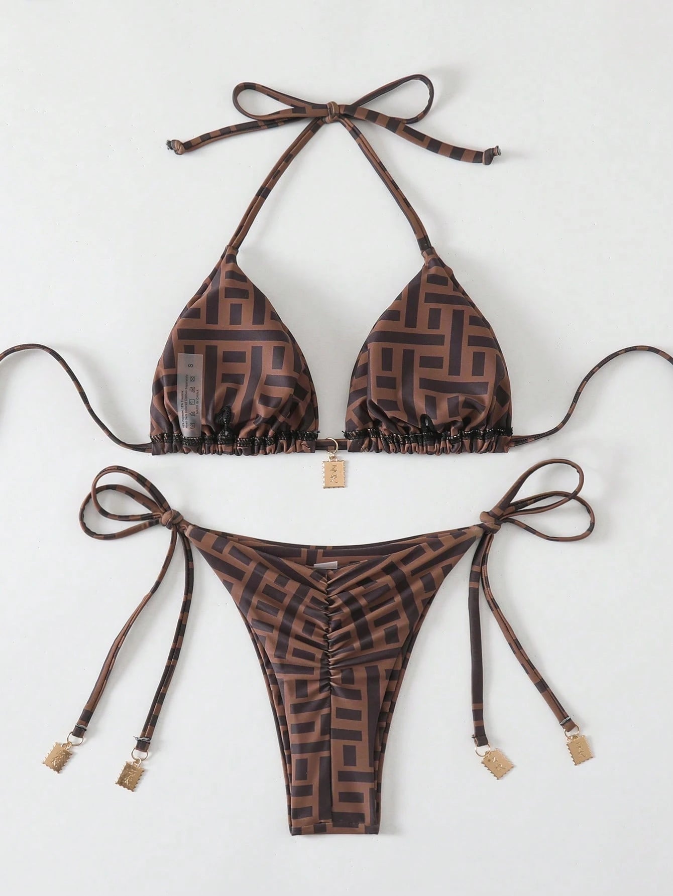 Swim Vcay Springbreak 2pcs Women Summer Random Print Spaghetti Strap Metal Decor Vintage-Style Bikini Swimwear Set