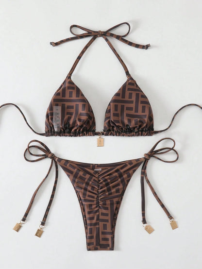 Swim Vcay Springbreak 2pcs Women Summer Random Print Spaghetti Strap Metal Decor Vintage-Style Bikini Swimwear Set
