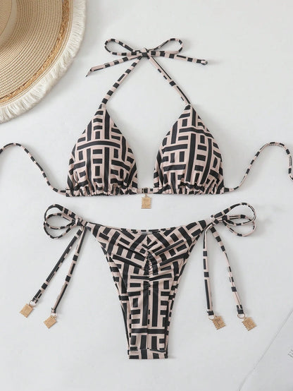 Swim Vcay Springbreak 2pcs Women Summer Random Print Spaghetti Strap Metal Decor Vintage-Style Bikini Swimwear Set