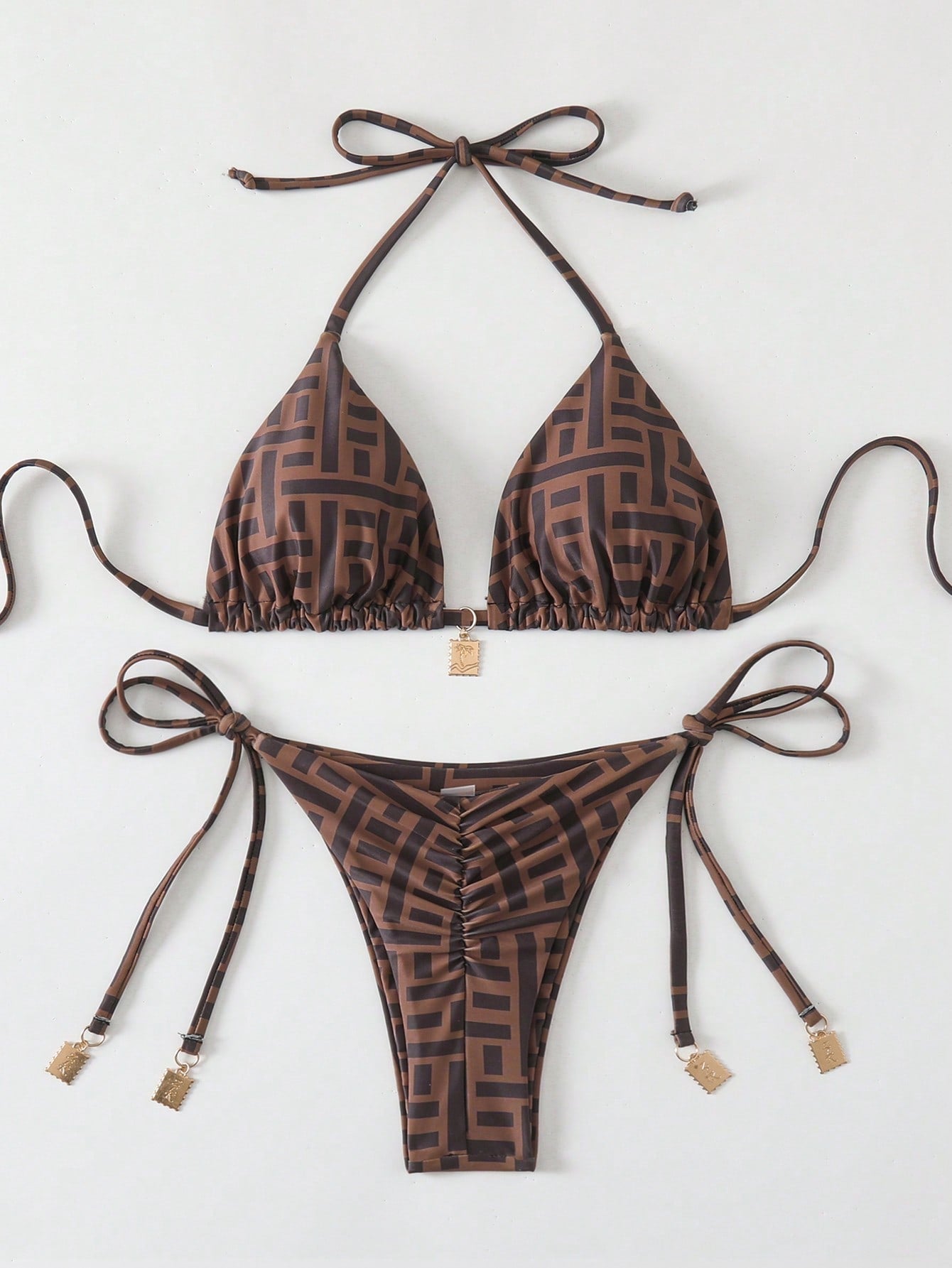 Swim Vcay Springbreak 2pcs Women Summer Random Print Spaghetti Strap Metal Decor Vintage-Style Bikini Swimwear Set