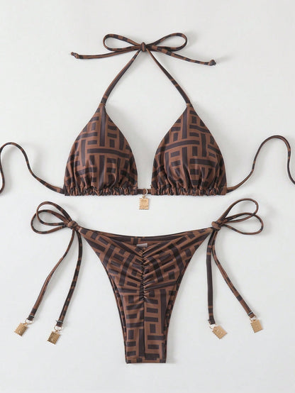 Swim Vcay Springbreak 2pcs Women Summer Random Print Spaghetti Strap Metal Decor Vintage-Style Bikini Swimwear Set