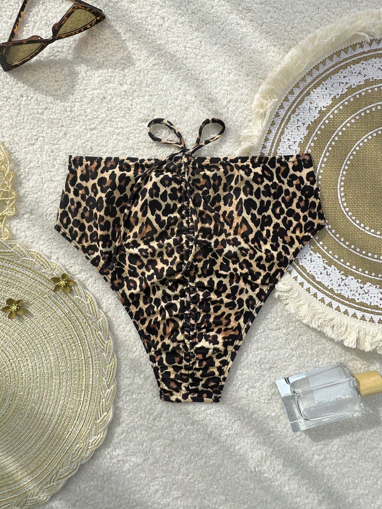 Swim Vcay Springbreak New Leopard Print Drawstring Back Design Women's Swimsuit Bottom, Summer Beach Vacation