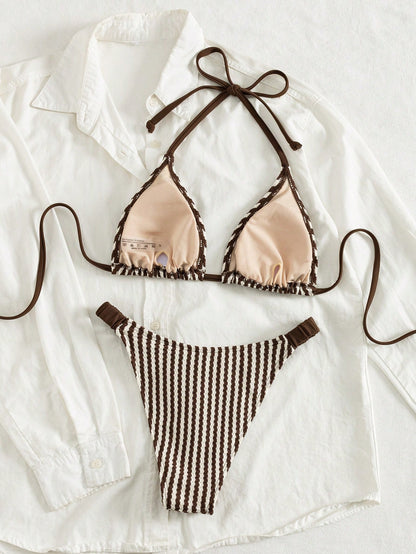 Swim Vcay Striped Jacquard Ruched Backless Front-Crossed Strappy Bikini Set For Ladies Beach Music Festival: Fashionable, Cute, And Sexy