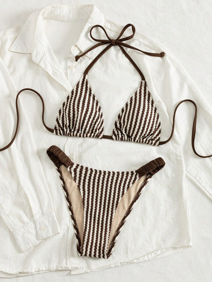 Swim Vcay Striped Jacquard Ruched Backless Front-Crossed Strappy Bikini Set For Ladies Beach Music Festival: Fashionable, Cute, And Sexy