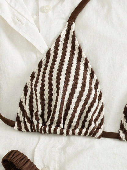 Swim Vcay Striped Jacquard Ruched Backless Front-Crossed Strappy Bikini Set For Ladies Beach Music Festival: Fashionable, Cute, And Sexy
