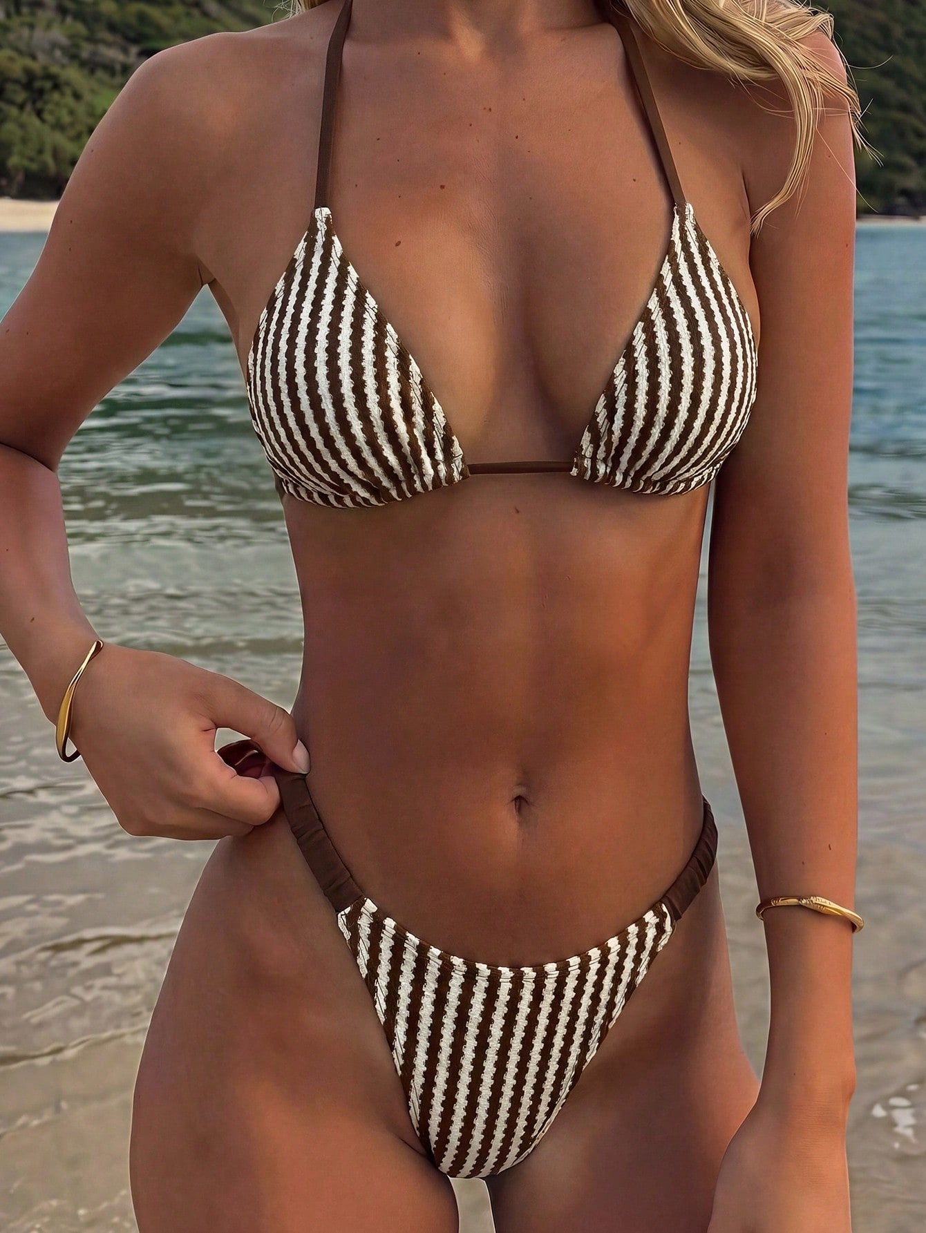 Swim Vcay Striped Jacquard Ruched Backless Front-Crossed Strappy Bikini Set For Ladies Beach Music Festival: Fashionable, Cute, And Sexy