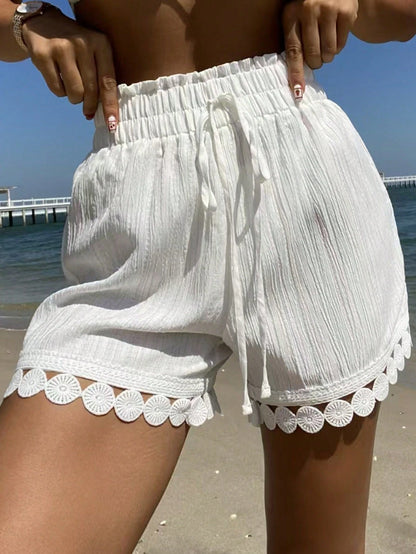 Swim Vcay Summer 3-Pieces Women Beach Vacation: Lace Trim Tie Waist Cover Up, Swimsuit Shorts