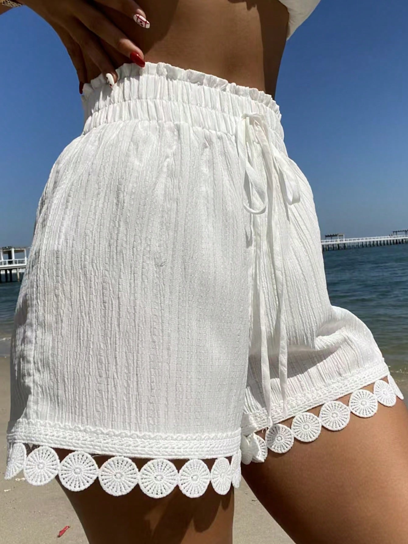 Swim Vcay Summer 3-Pieces Women Beach Vacation: Lace Trim Tie Waist Cover Up, Swimsuit Shorts