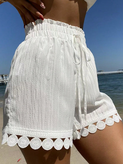 Swim Vcay Summer 3-Pieces Women Beach Vacation: Lace Trim Tie Waist Cover Up, Swimsuit Shorts