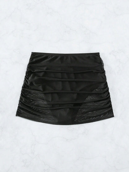 Swim Vcay Summer Beach Contrast Mesh Ruched Bikini Bottom