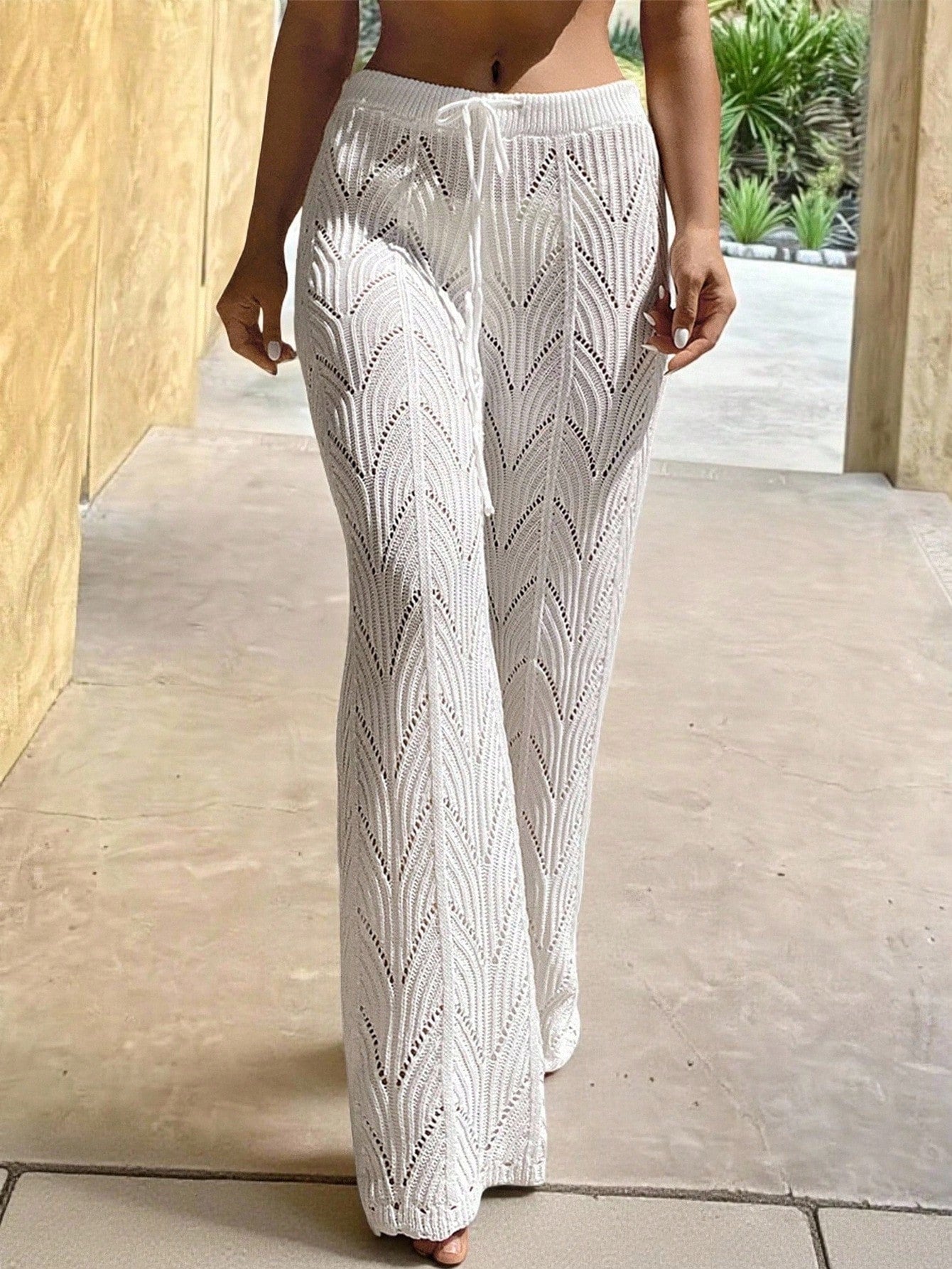 Swim Vcay Summer Beach Drawstring Waist Pointelle Knit Cover Up Pants