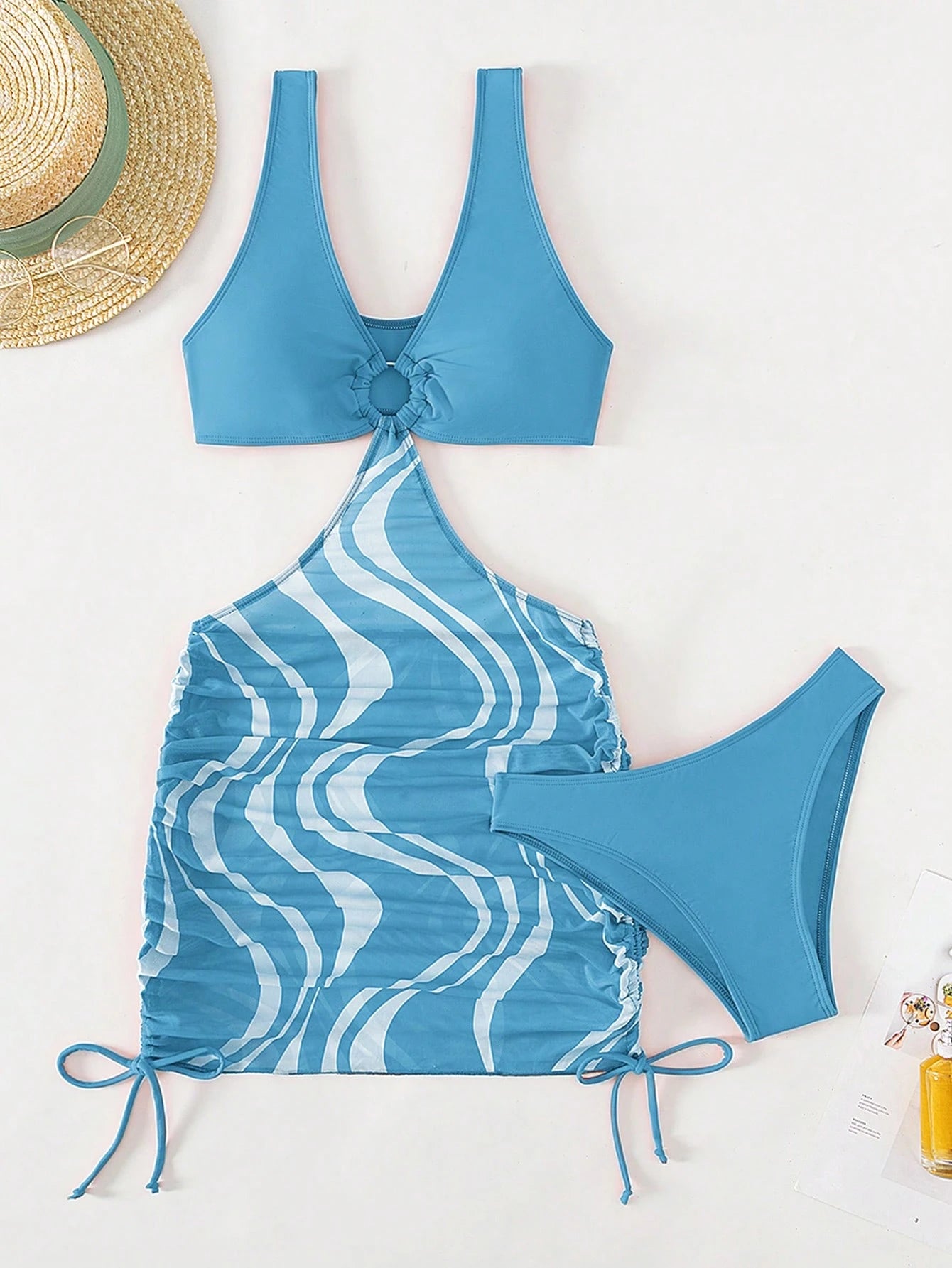 Swim Vcay Summer Beach Graphic Print Ring Linked Cut Out Drawstring Side Swim Dress