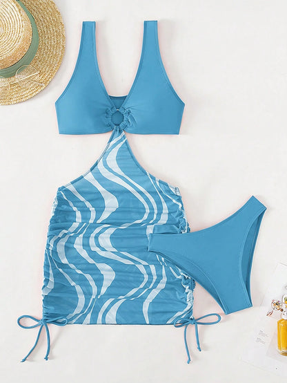 Swim Vcay Summer Beach Graphic Print Ring Linked Cut Out Drawstring Side Swim Dress